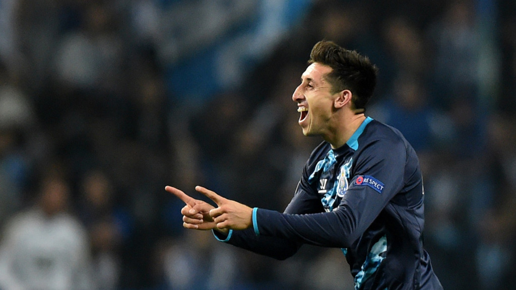 Porto's Mexican midfielder Hector Herrera celebrates after scoring a goal during the UEFA Champions League round of 16 second leg football match FC Porto vs FC Basel at the Dragao stadium in Porto on March 10, 2015.   AFP PHOTO/ FRANCISCO LEONG        (Photo credit should read FRANCISCO LEONG/AFP/Getty Images)